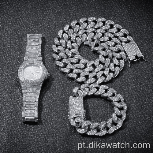 Moda 3 unidades / conjunto de ouro masculino relógio de presente conjunto elegante colar de 20 polegadas pulseira relógios de diamantes conjuntos relógio de pulso de quartzo Reloj Mujer